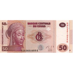 Конго 50 франков 2013 год - Маска народа чокве. Деревня на берегу Конго UNC