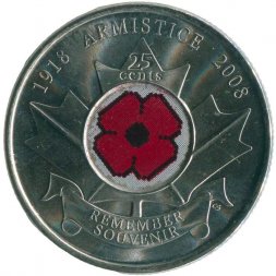 Канада 25 центов 2008 год - 90 лет с окончания Первой мировой войны (цветная)