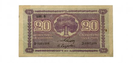 Финляндия 20 марок 1939 год - водяные знаки розы - Litt.D - 1939-1945 годов выпуска - VF