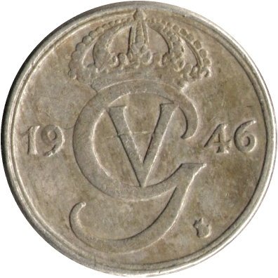 Швеция 25 эре 1946 год (никелевая бронза, &quot;GV&quot; на аверсе)