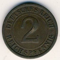 Веймарская республика 2 рейхспфеннига 1924 год (F)