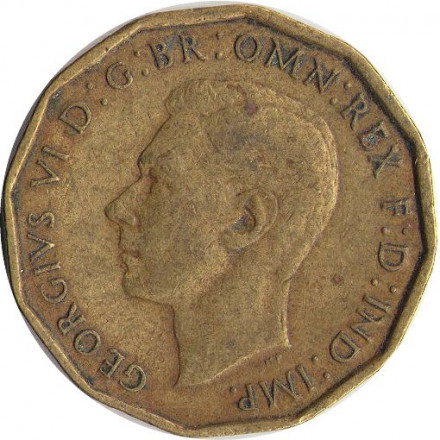 Великобритания 3 пенса 1942 год - Король Георг VI (никель-латунь)