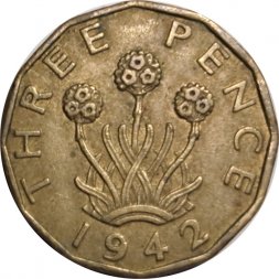 Великобритания 3 пенса 1942 год - Король Георг VI (никель-латунь)