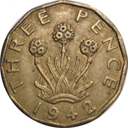 Великобритания 3 пенса 1942 год - Король Георг VI (никель-латунь)