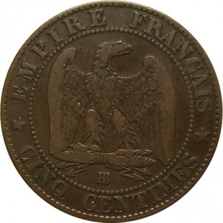 Франция 5 сантимов 1855 год (BB и голова собаки)