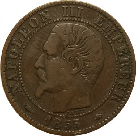 Франция 5 сантимов 1855 год (BB и голова собаки)