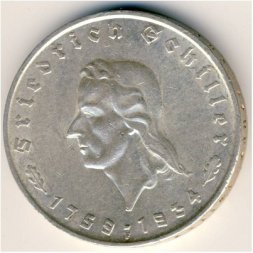 Третий Рейх 5 рейхсмарок 1934 год - 175 лет со дня рождения Фридриха Шиллера