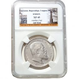 Германия. Вюртемберг 3 марки 1909 год (F) - XF (в слабе)
