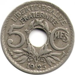 Франция 5 сантимов 1925 год (Новый тип: Отверстие в центре)