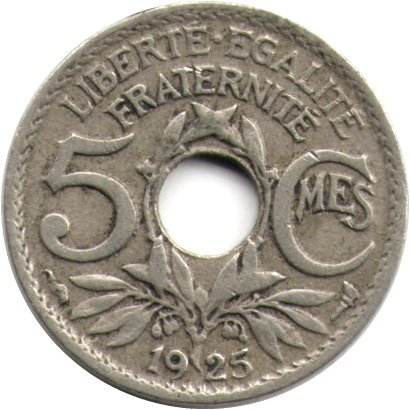 Франция 5 сантимов 1925 год (Новый тип: Отверстие в центре)