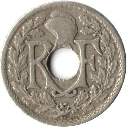 Франция 5 сантимов 1925 год (Новый тип: Отверстие в центре)
