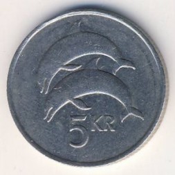 Монета Исландия 5 крон 1981 год - Дельфины