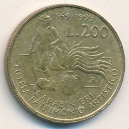 Италия 200 лир 1999 год - Карабинеры, защита культурного наследия