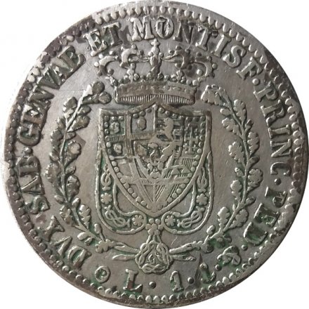 Сардиния 1 лира 1827 год (Отметка МД: &quot;Якорь&quot;, &quot;P&quot; - Генуя, Андреа Подеста)