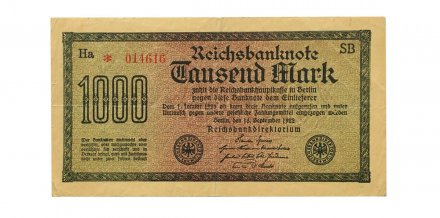 Веймарская Республика 1000 марок 1922 год - Красный номер SB - VF