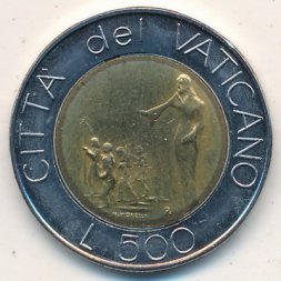 Ватикан 500 лир 1991 год - Папа Иоанн Павел II. Миссия Спасителя