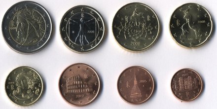 Набор из 8 евромонет Италии 2008 год
