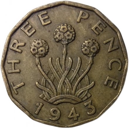 Великобритания 3 пенса 1943 год - Король Георг VI