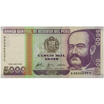 Перу 5000 инти 1988 год - Портрет перуанского адмирала Мигеля Грау UNC