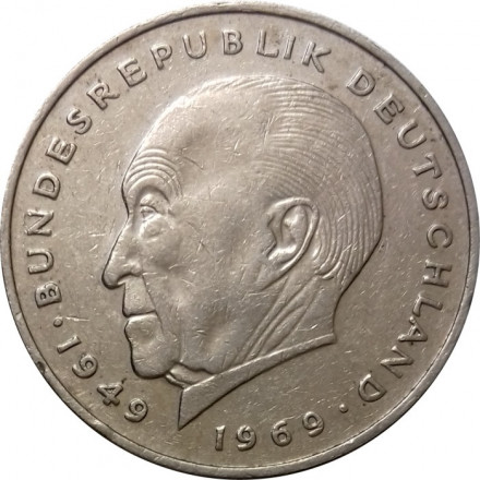 ФРГ 2 марки 1973 год - Конрад Аденауэр, 20 лет Федеративной Республике (1949-1969) (F)