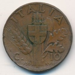 Италия 10 чентезимо 1939 год - Король Виктор Эммануил III (медь)