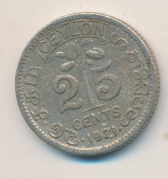 Цейлон 25 центов 1921 год