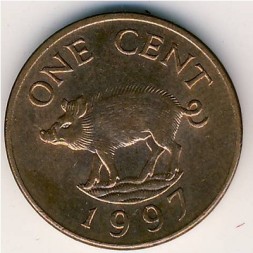 Монета Бермудские острова 1 цент 1997 год - Дикий кабан