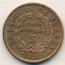 Боливия 5 боливиано 1951 год