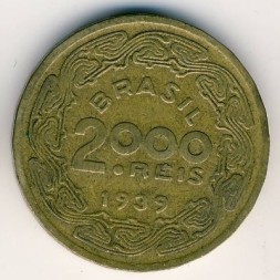 Монета Бразилия 2000 рейс 1939 год