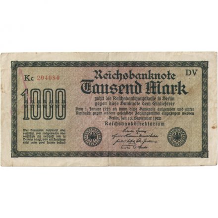 Веймарская Республика 1000 марок 1922 год - Красный номер - VF