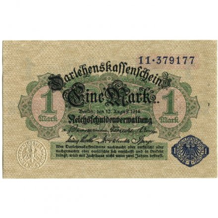 Германия 1 марка 1914 год - синяя печать - XF