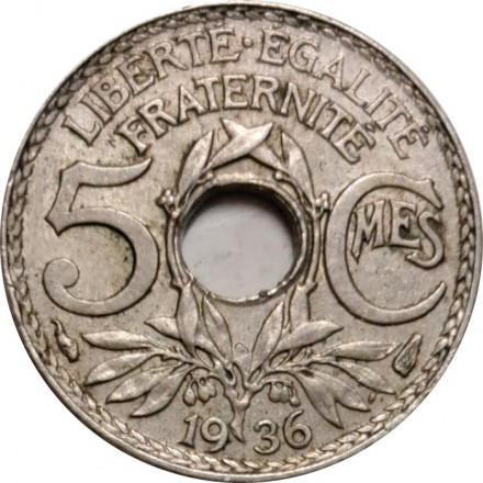 Франция 5 сантимов 1936 год (новый тип)