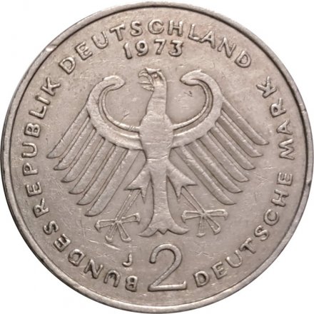ФРГ 2 марки 1973 год (J) - Конрад Аденауэр, 20 лет Федеративной Республике (1949-1969)