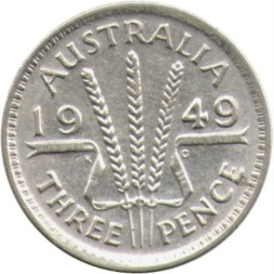Монета Австралия 3 пенса 1949 год - Король Георг VI
