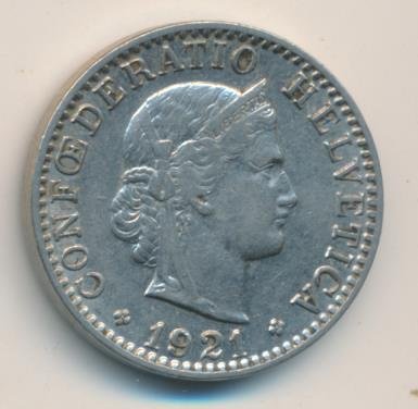 Швейцария 20 раппенов 1921 год