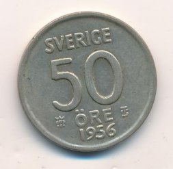 Швеция 50 эре 1956 год - Король Густав VI Адольф