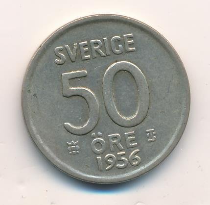 Швеция 50 эре 1956 год - Король Густав VI Адольф