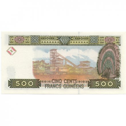 Гвинея 500 франков 1998 год - Портрет женщины. Герб. Рудник UNC