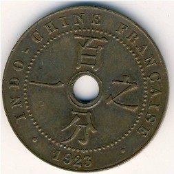 Монета Французский Индокитай 1 цент 1923 год (молния под номиналом)