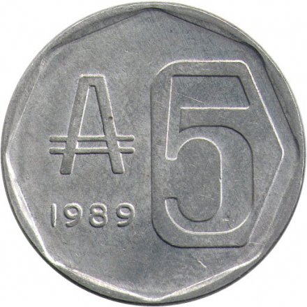 Аргентина 5 аустралей 1989 год (монетное отношение аверс/реверс (180°))