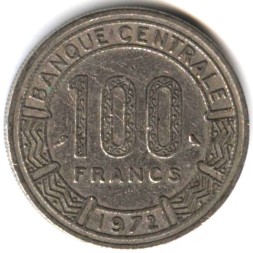 Монета Чад 100 франков 1972 год