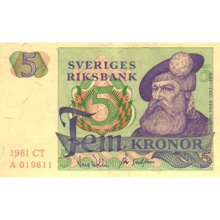 Швеция 5 крон 1981 год - Король Густав I. Стилизованные глухарь и ель - XF