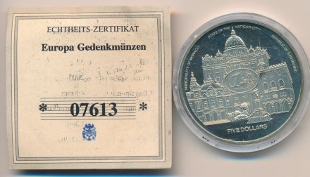 Либерия 5 долларов 2003 год - Введение европейской валюты в Монако, Ватикане и Сан-Марино