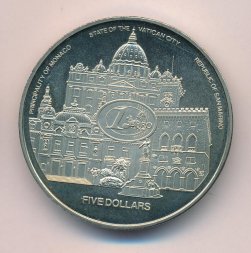 Либерия 5 долларов 2003 год - Введение европейской валюты в Монако, Ватикане и Сан-Марино