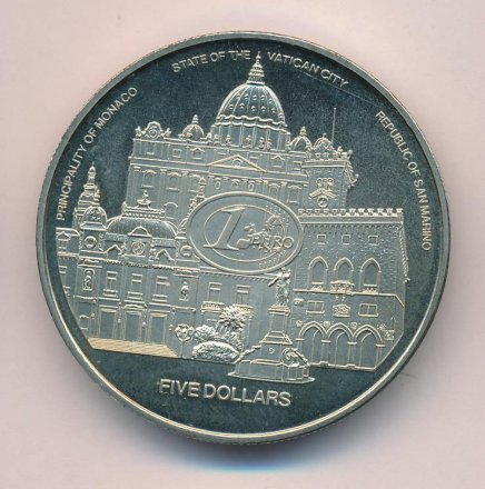 Либерия 5 долларов 2003 год - Введение европейской валюты в Монако, Ватикане и Сан-Марино