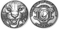 Монета Кот-д’Ивуар 1000 франков 2013 год - Черная пантера