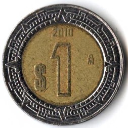 Монета Мексика 1 песо 2010 год - Хохлатый сокол