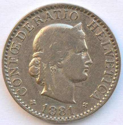 Швейцария 20 раппенов 1881 год