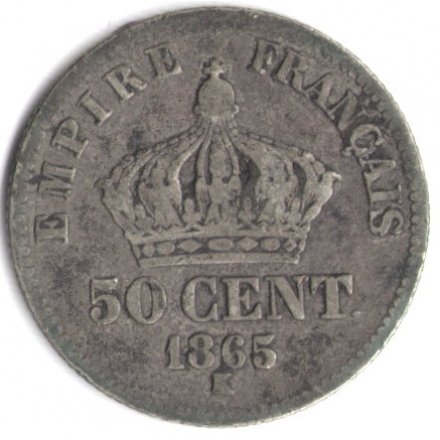 Франция 50 сантимов 1865 год (K)