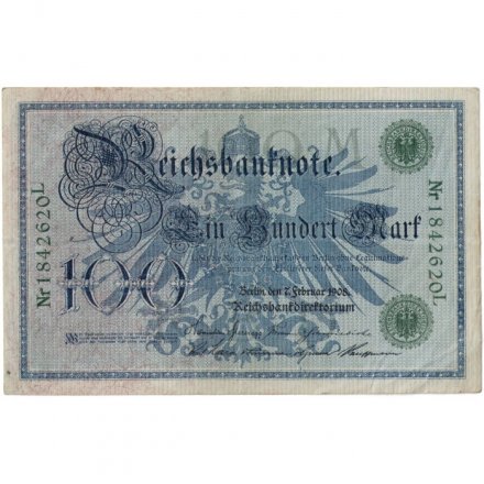 Германия 100 марок 1908 год (зеленая печать) - VF